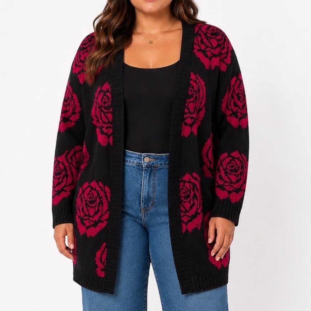 Arizona Jean Co Pink Rose Floral Open Front Cardigan Sweater Black XL Plus